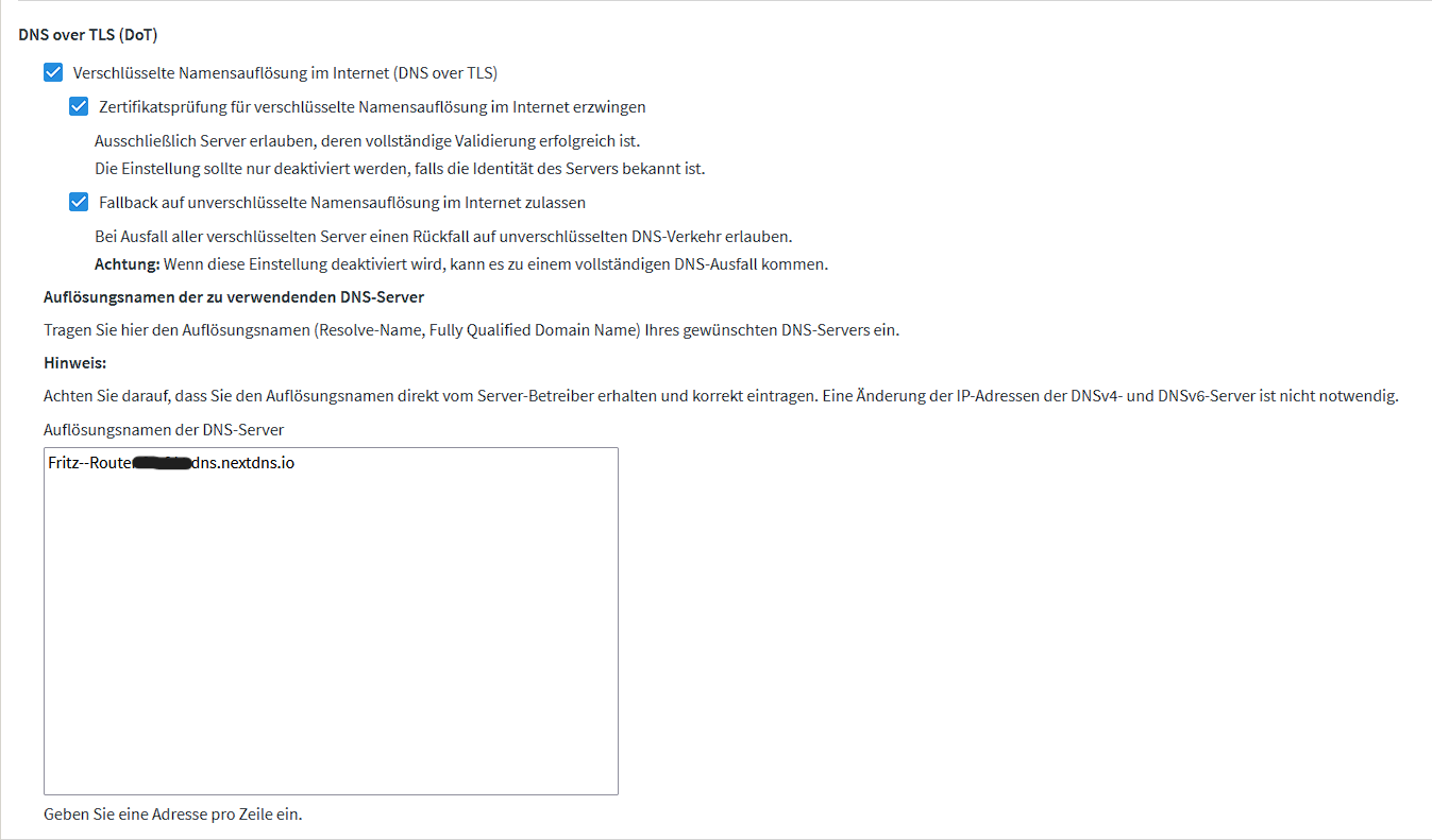 FritzBox DNS over TLS configuration